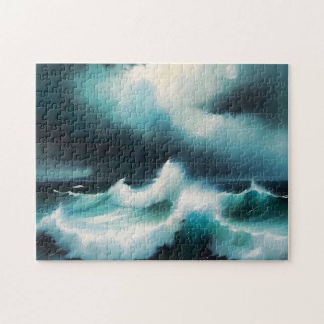 Beautiful Blue Ocean waves painting Pussel (Horisontell)