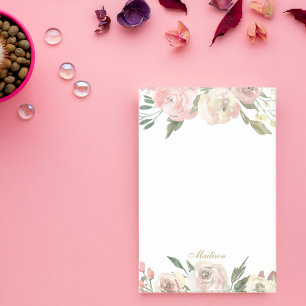 Beautiful Blush Pink Peony Floral Gold Monogram Post-it Block