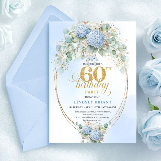 Beautiful Boho Dusty Blue Floral Gold 60 Birthday Inbjudningar (Beautiful Boho Dusty Blue Floral Gold 60th Birthday)