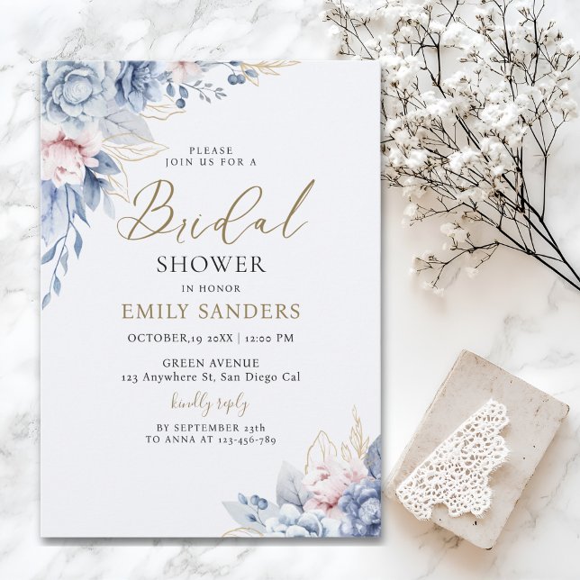 Beautiful Bridal Shower with Flowers Blue Tones Inbjudningar (Skapare uppladdad)