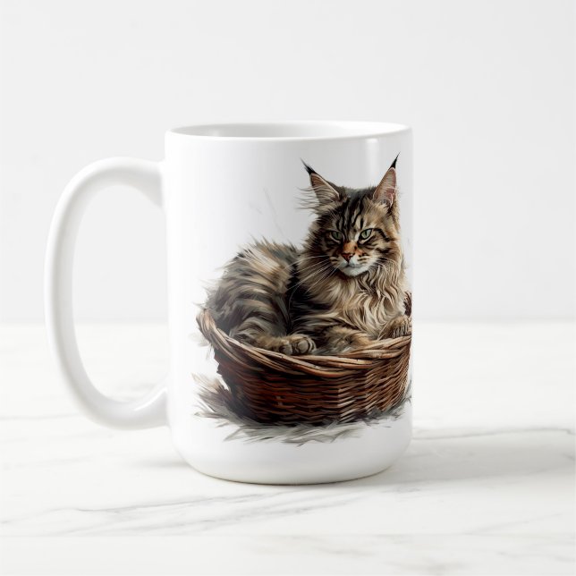 BEAUTIFUL BROWN TABBY MAINE COON CAT I BASKET KAFFEMUGG (Vänster)