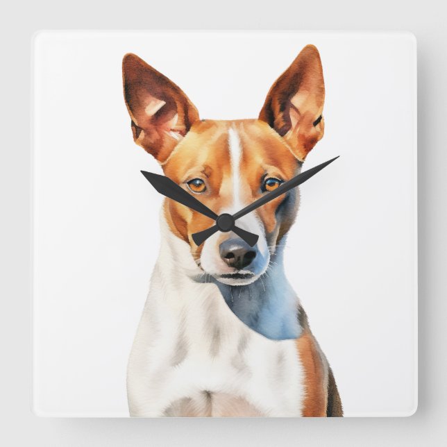 BEAUTIFUL BROWN & WHITE BASENJI HUND FYRKANTIG KLOCKA (Framsida)