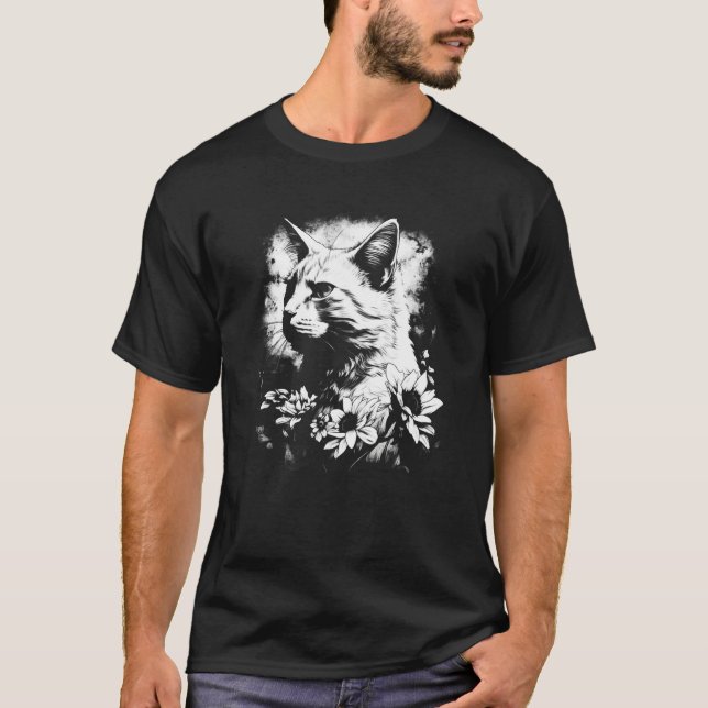 beautiful cat and sunflower silhouette portrait  w t shirt (Framsida)
