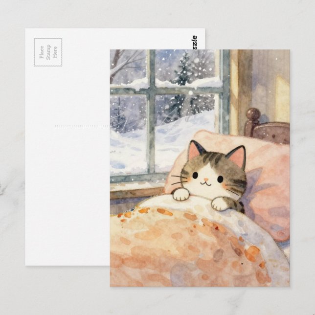 Beautiful Cat Stays Warm in Bed on a Snowy Day Vykort (Fram/baksida)