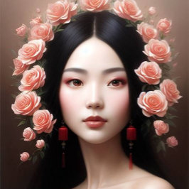 Beautiful Chinese woman with roses aiart Runt Klistermärke