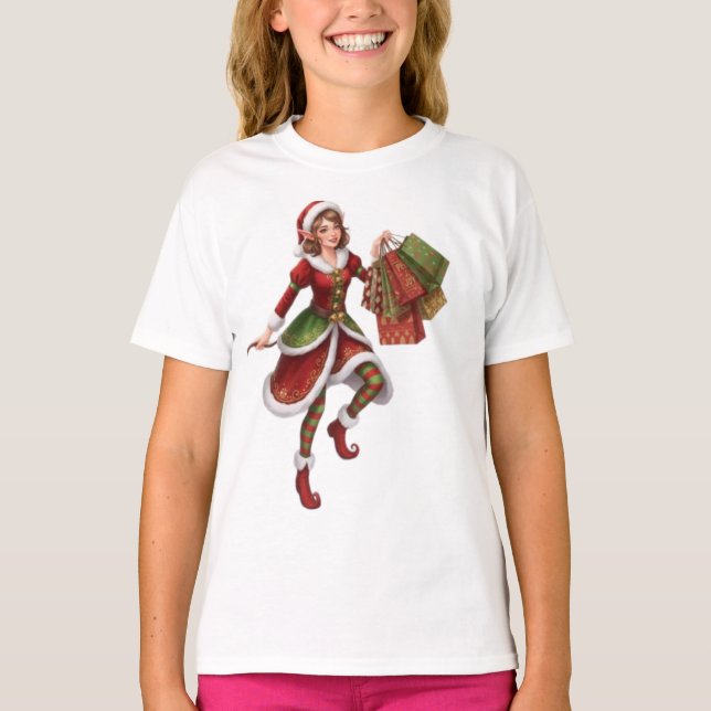 Beautiful Christmas Elf on a Holiday Shopping Spre T Shirt (Framsida)