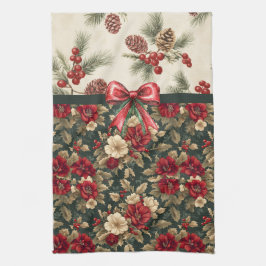 Beautiful Christmas Floral and Pine Cones Kökshandduk