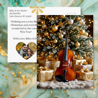 Beautiful Christmas Tree and Violin Festive Poem Helg Vykort
