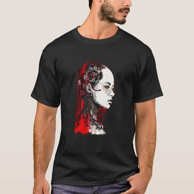 Beautiful Cyborg Gothic Woman Trash Polka Art T Shirt (Framsida)