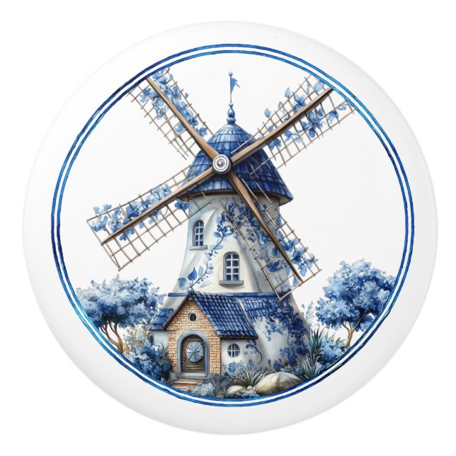 Beautiful Delft Blue Watercolor Windmill Knopp (Framsidan)
