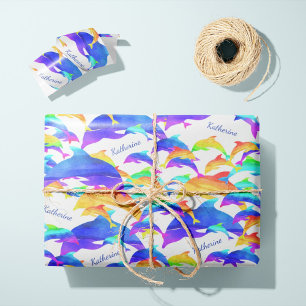Beautiful Dolphins in Rainbow with First Name Presentpapper