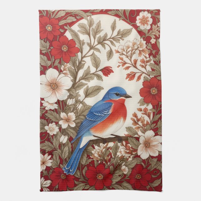Beautiful Eastern Bluebird Red Floral  Kökshandduk (Vertikal)
