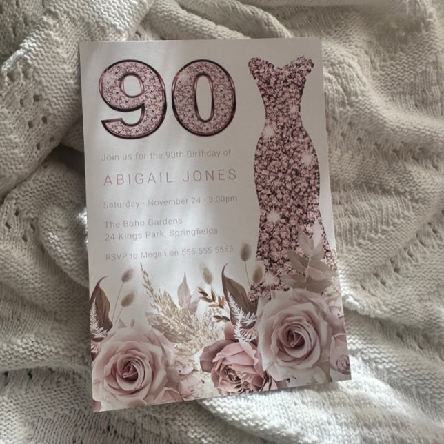 Beautiful Elegant Roses Blush Dress 90th Birthday Inbjudningar (Skapare uppladdad)
