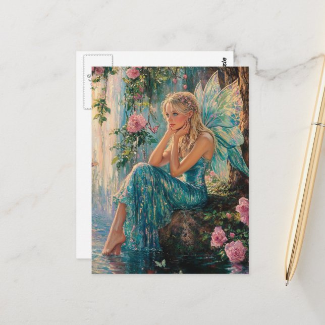 Beautiful Fairy at the Waterfall Vykort (Fram/Back In Situ)