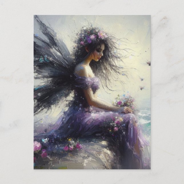 Beautiful Fairy Sitting on a Cliff Wearing Purple Vykort (Framsida)