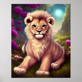 Beautiful Fantasy Cute Kawaii Lion Cub Poster