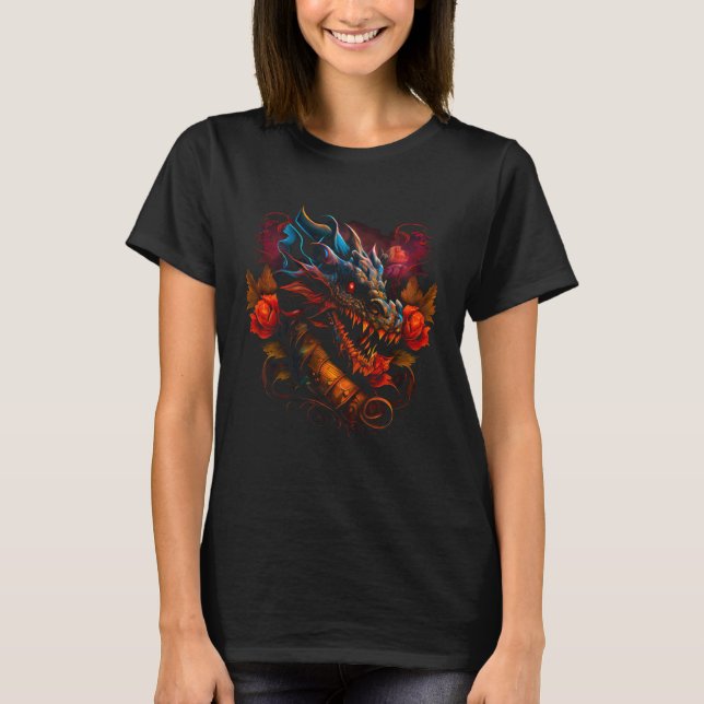 Beautiful Floral Dragon  Fantasy Sharp Teeth Cool T Shirt (Framsida)
