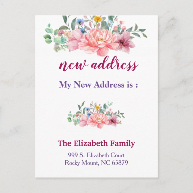 Beautiful Floral New Address Moving Announcement Meddelande Vykort (Framsida)