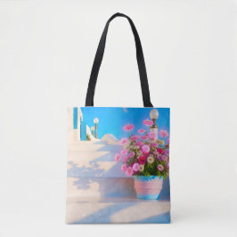 Beautiful flowers on white steps Tote Bag Tygkasse
