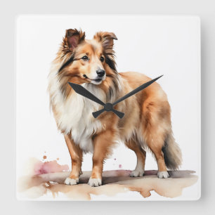 BEAUTIFUL FLUFFY SHETLAND SHEEPDOG HUND FYRKANTIG KLOCKA