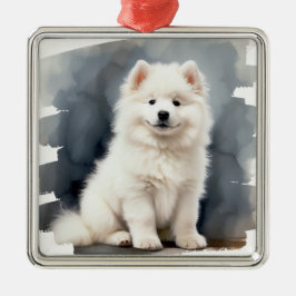 BEAUTIFUL FLUFFY WHITE SAMOYED HUND JULGRANSPRYDNAD METALL