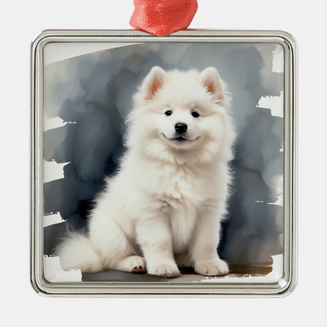 BEAUTIFUL FLUFFY WHITE SAMOYED HUND JULGRANSPRYDNAD METALL (Framsidan)