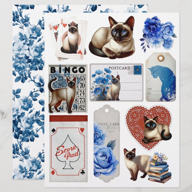 Beautiful Fussy Cuts with Siamese Cat & Blue Roses (Fram/baksida)
