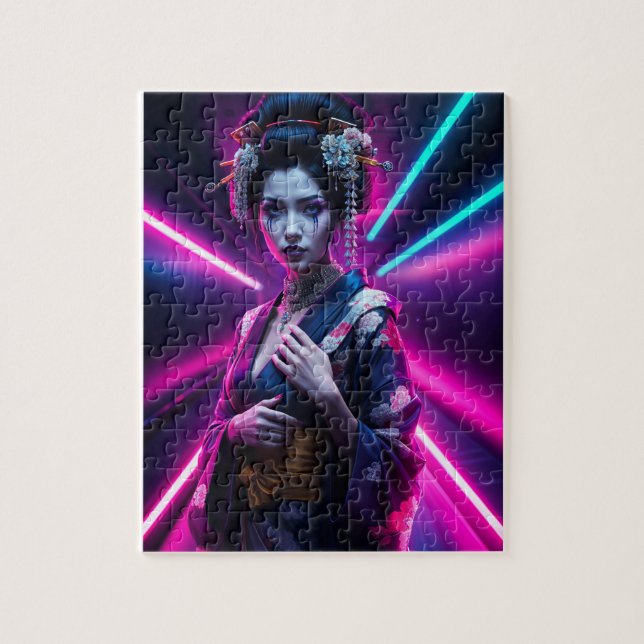 Beautiful Geisha Puzzle with Neon Background – Ele Pussel (Vertikal)