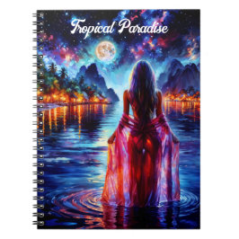 Beautiful girl watching glowing night water anteckningsbok
