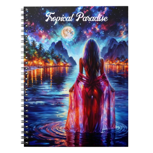 Beautiful girl watching glowing night water anteckningsbok (Framsidan)