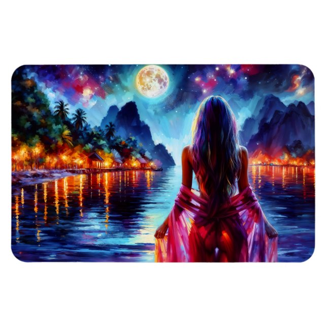 Beautiful girl watching glowing night water magnet (Horisontell)