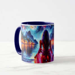 Beautiful girl watching glowing night water mugg