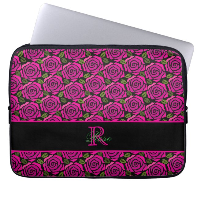 Beautiful Girly Hot Pink Roses Name Monogram  Laptop Fodral (Framsidan)