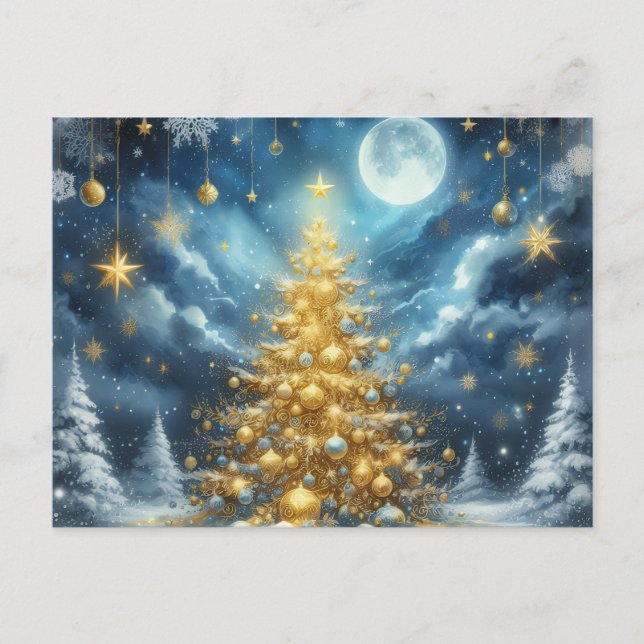 Beautiful golden Christmas tree blue Vykort (Framsida)
