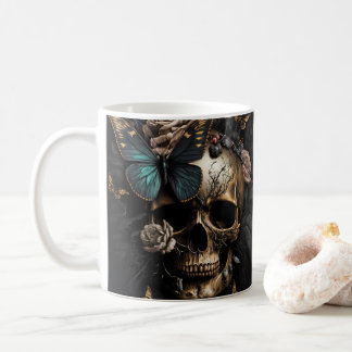 Beautiful Goth Art Skull with blue Butterfly Kaffemugg