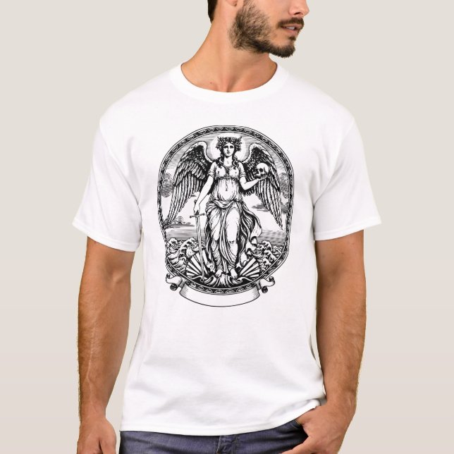 Beautiful Greek winged Angel with sword and skul T Shirt (Framsida)