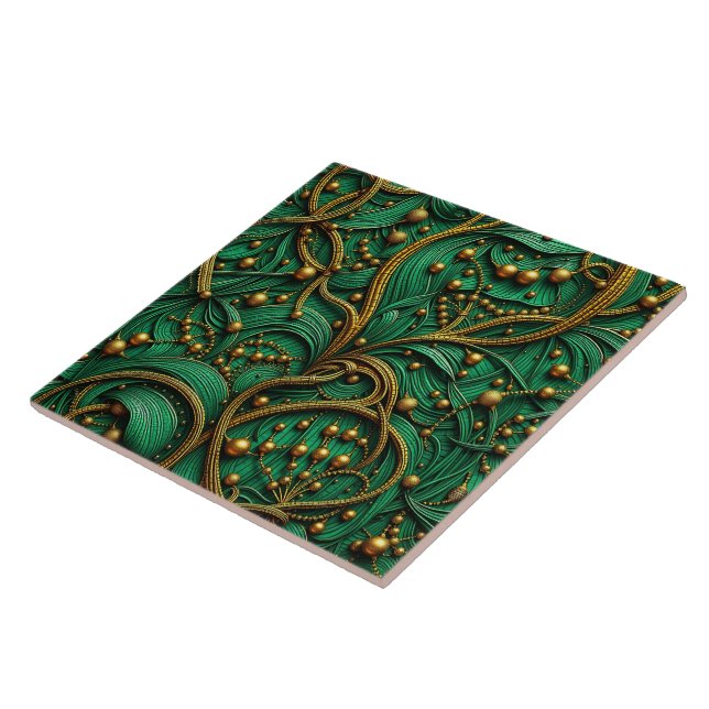 Beautiful Green & Gold Floral and Beads Abstract Kakelplatta (Sidan)