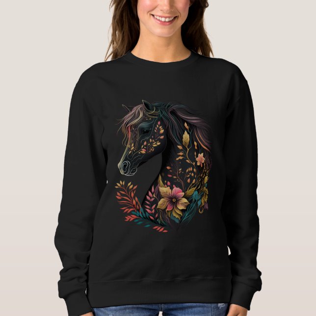 Beautiful Horse with Flowers and Plants Equestrian T Shirt (Framsida)