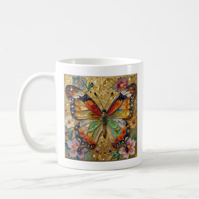 Beautiful Impasto Butterflies and Flowers Poem Kaffemugg (Vänster)