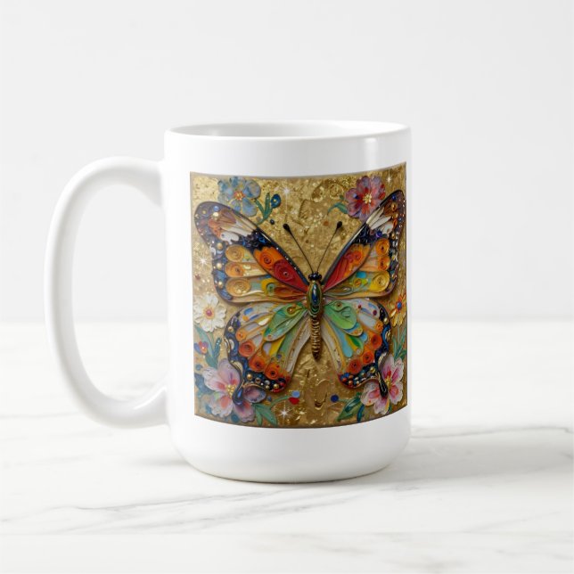 Beautiful Impasto Butterflies and Flowers Poem Kaffemugg (Vänster)