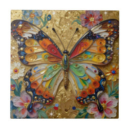 Beautiful Impasto Butterfly and Flowers   Kakelplatta