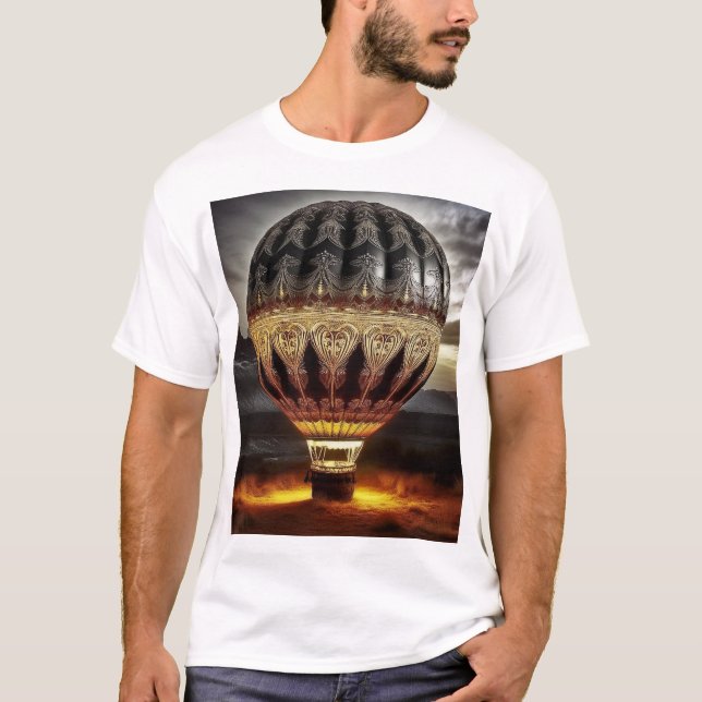 Beautiful Intricate Hot Air Balloon In Mountains T Shirt (Framsida)