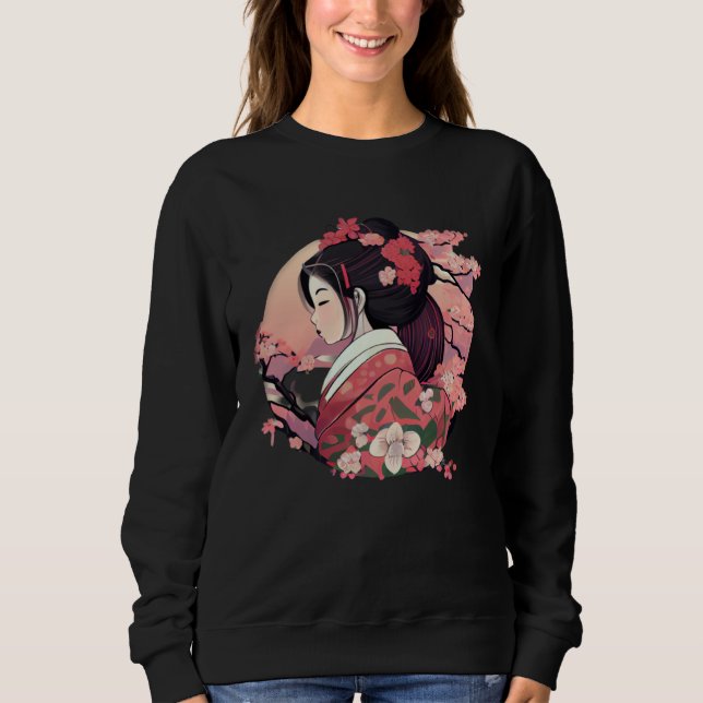 Beautiful Japanese Geisha lady with blossom flower T Shirt (Framsida)