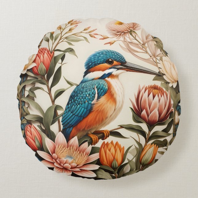 Beautiful Kingfisher and Protea Flowers Rund Kudde (Framsidan)