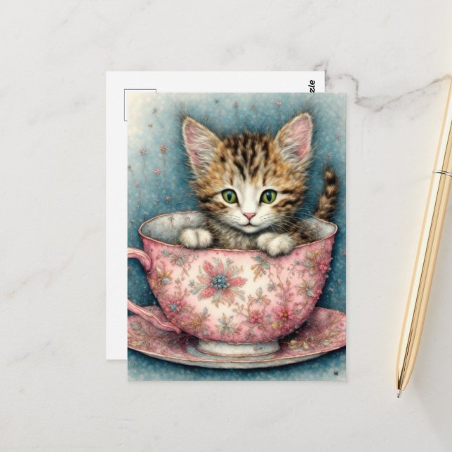 Beautiful kitten in a teacup  vykort (Fram/Back In Situ)