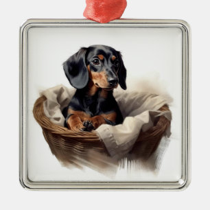 BEAUTIFUL KORT HAIRED DACHSHUND PUPPY HUND JULGRANSPRYDNAD METALL