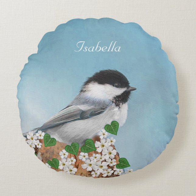 Beautiful Little Bird & Flowers Personalized Rund Kudde (Framsidan)