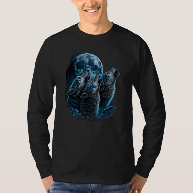 Beautiful Night Time Wolf Howling At Moon T Shirt (Framsida)