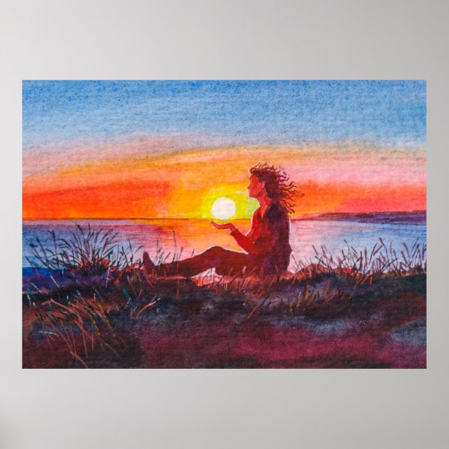 Beautiful ocean sunset. Portrait of young woman as Poster (Framsidan)
