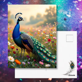 Beautiful Peacock in a Floral Field Vykort